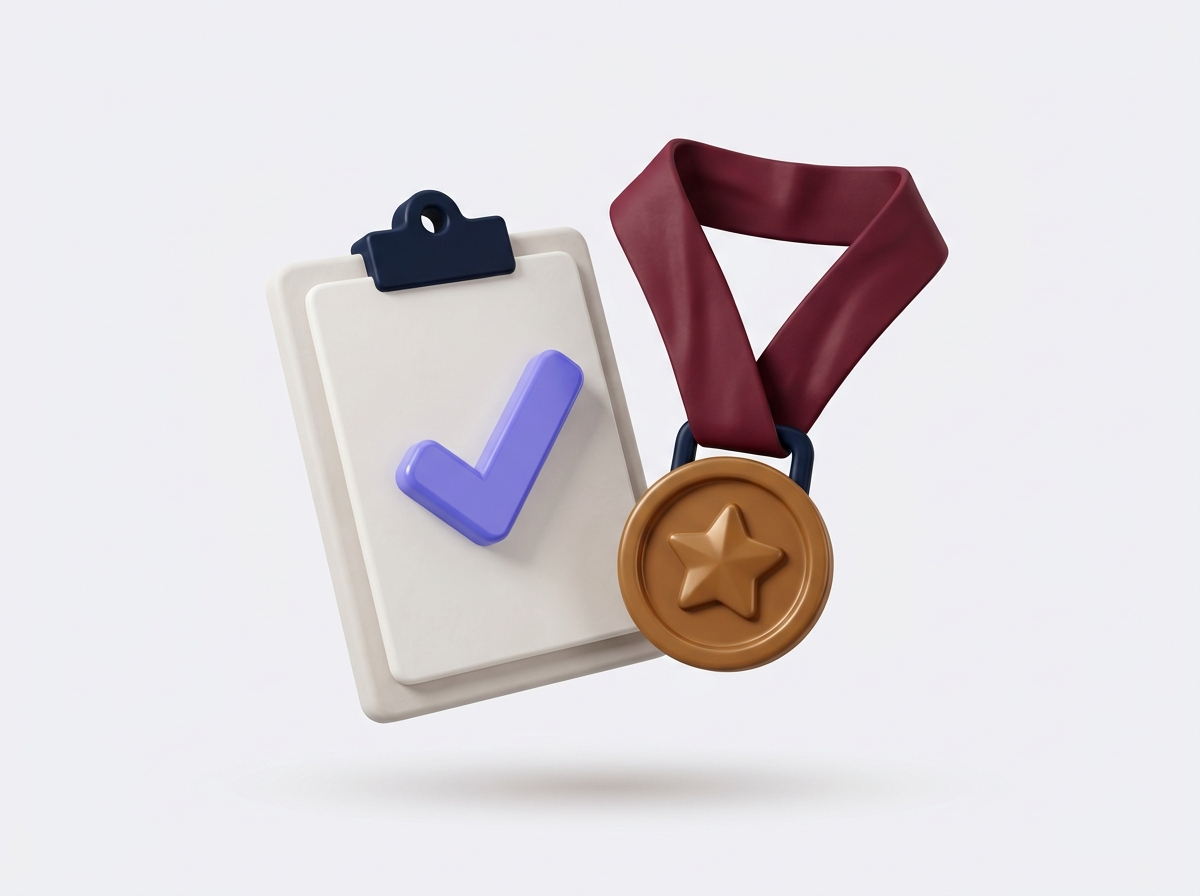 3D clay illustration of a checked clipboard next to a bronze star medal