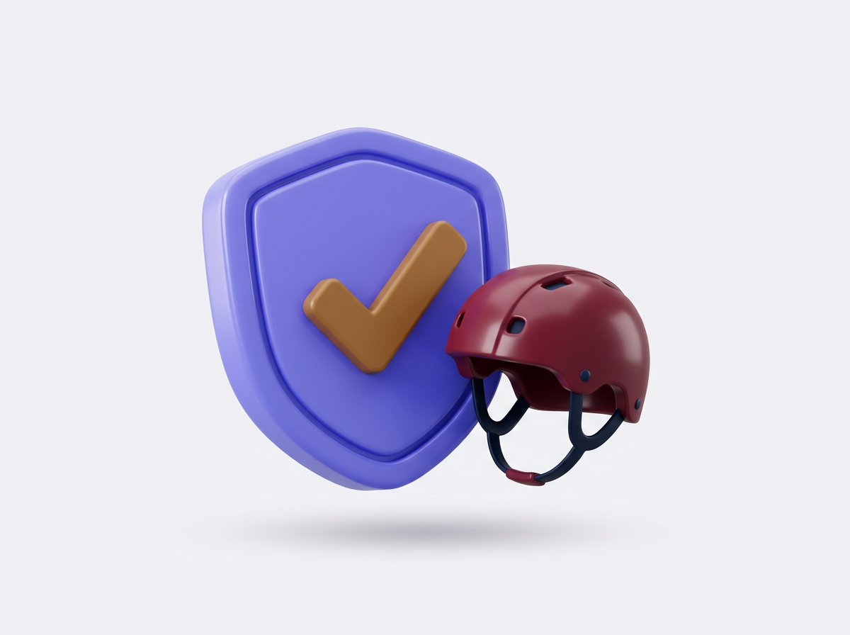 3D clay illustration of a shield with a checkmark next to a safety helmet