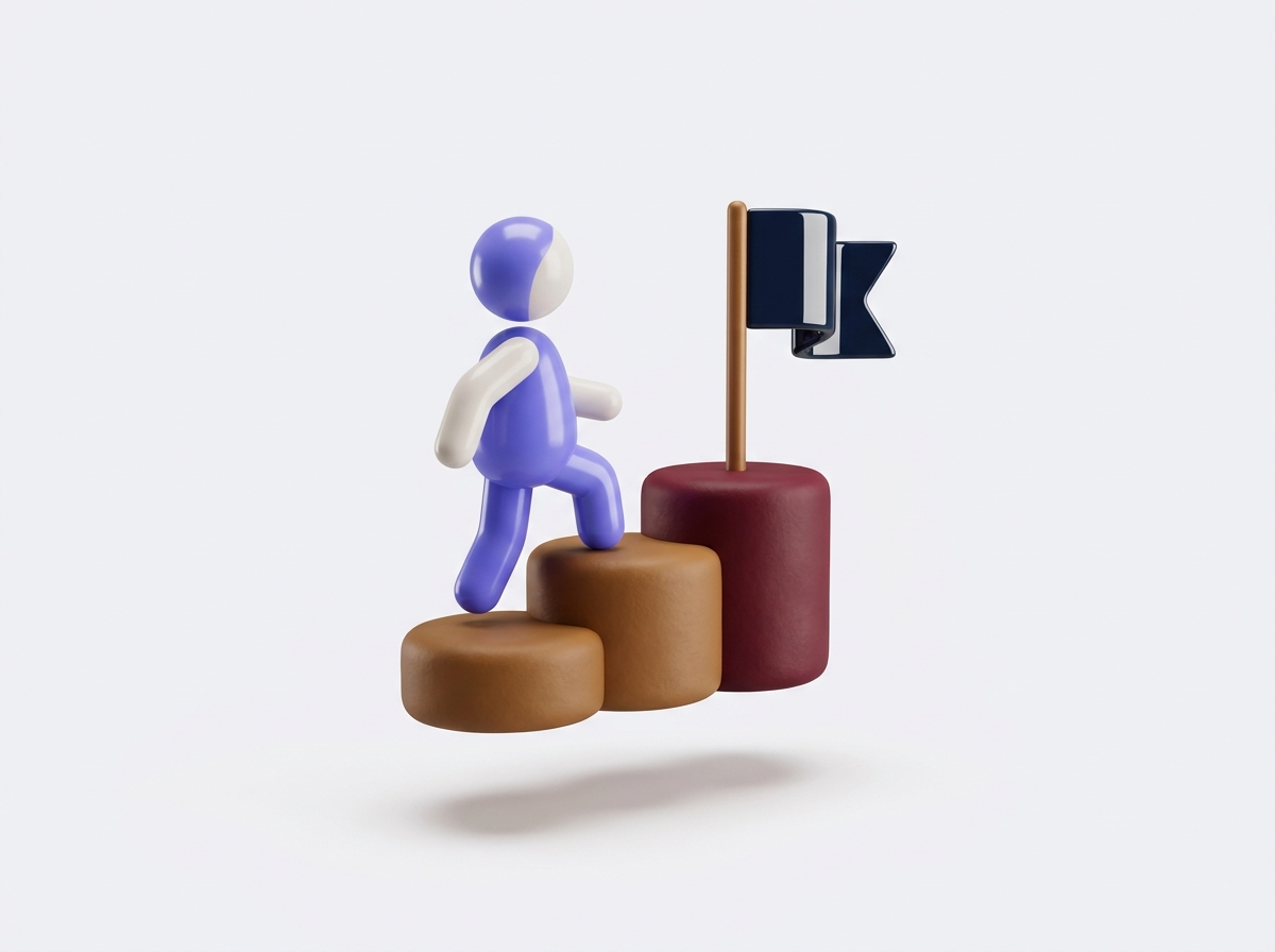 3D clay illustration of a figure climbing steps towards a flag