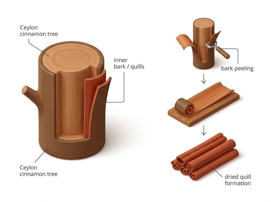 Cutaway of a Ceylon cinnamon trunk exposing the inner bark, followed by the steps of peeling the bark, laying it out and drying it into rolled quills