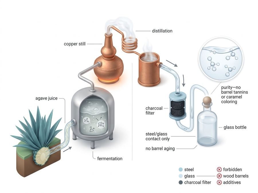 Process diagram from agave juice through fermentation, copper still distillation and charcoal filtering into a glass bottle, with steel and glass contact only and no barrel ageing