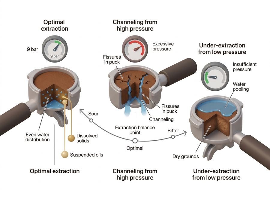 Three cutaway portafilters comparing even water distribution at 9 bar, fissures and channelling under excessive pressure, and water pooling over dry grounds at insufficient pressure