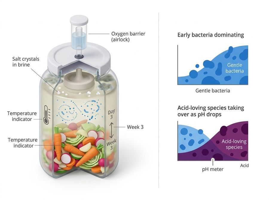 Cutaway fermentation jar with brine, salt crystals and an oxygen airlock, beside two charts showing gentle bacteria dominating early and acid-loving species taking over as the pH drops