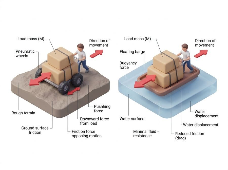 Side-by-side comparison of a load pushed on a wheeled cart over rough terrain against the same load on a floating barge, contrasting ground friction with buoyancy and minimal fluid drag