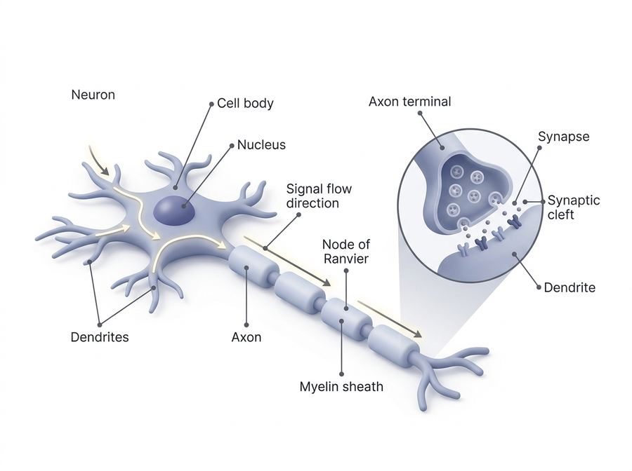 Labelled neuron showing dendrites, cell body, nucleus, axon with myelin sheath and nodes of Ranvier, and a magnified axon terminal releasing neurotransmitters across the synaptic cleft