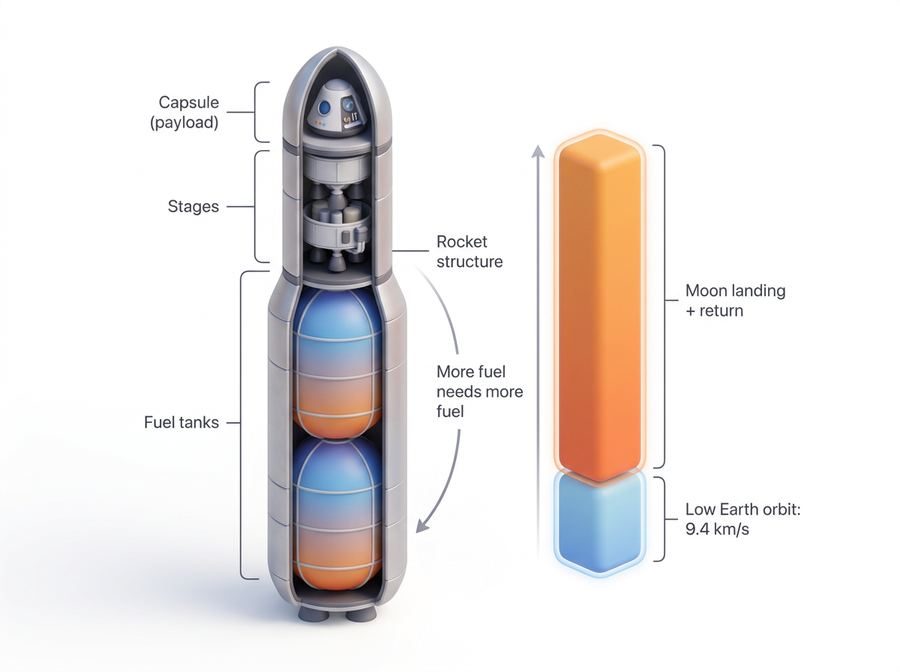 Cutaway of a multi-stage rocket showing payload capsule, stages and fuel tanks, next to a bar comparison of the fuel needed to reach low Earth orbit versus a Moon landing and return