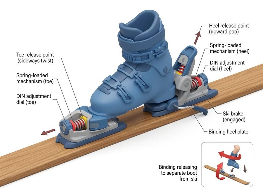 Cutaway ski boot in a binding showing spring-loaded toe and heel mechanisms, DIN adjustment dials, engaged ski brake, and the sideways twist and upward pop release directions