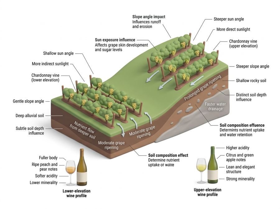 Cross-section of a vineyard hillside contrasting deep alluvial soil at low elevation with shallow rocky soil above, and the resulting fuller versus higher-acidity Chardonnay profiles