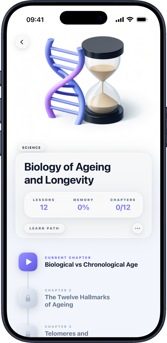 Montari on iPhone showing the Biology of Ageing and Longevity deck with chapter progress