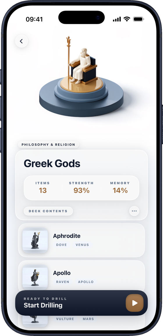 Montari Memorise mode showing a Greek Gods picture flashcard deck