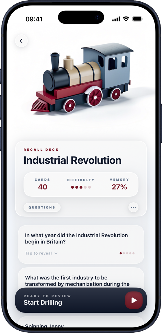 Montari Recall mode showing Industrial Revolution question cards